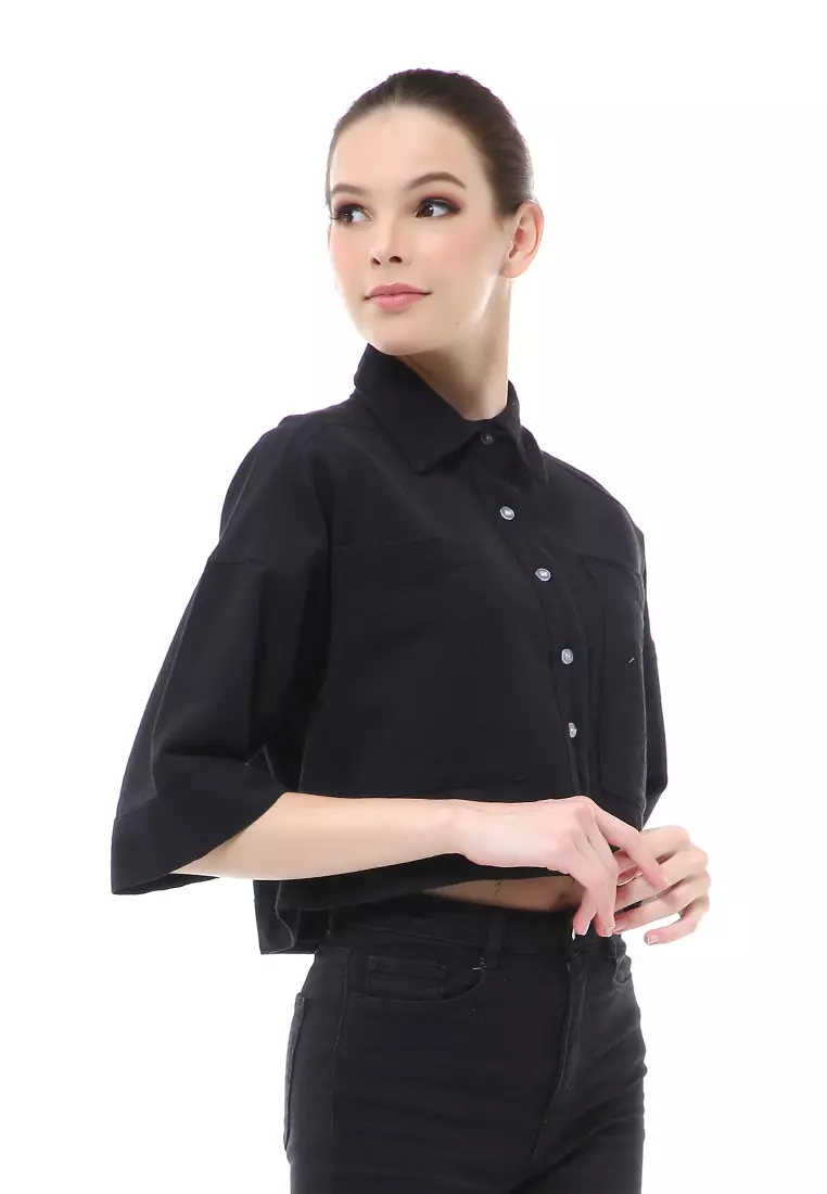 Brielle Atasan Wanita Kemeja Crop Oversize Shirt Lengan Panjang Material Linen ORIGINAL - Black