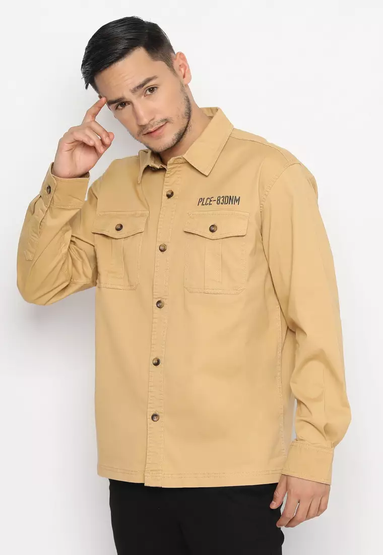 POLICE Kemeja Polos Semi Jaket Khaky Regular Fit Lengan Panjang Pria
