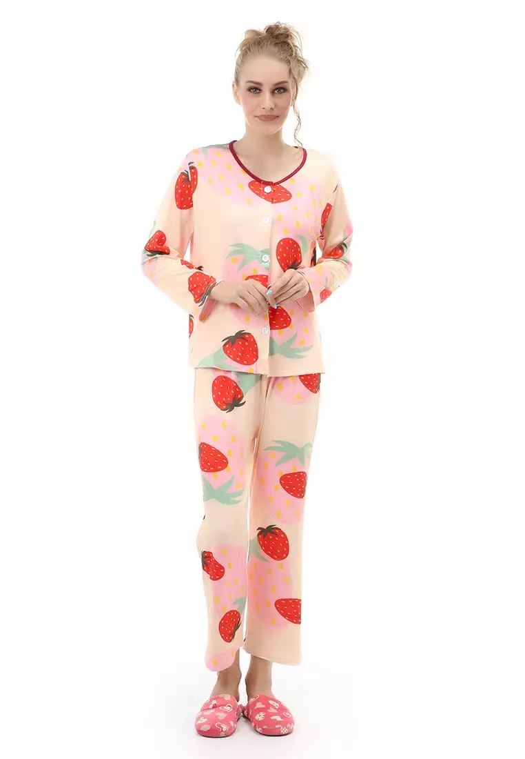 Vance Setelan Piyama Baju Tidur Wanita Lengan Panjang Strawberry Motive Material Cotton ORIGINAL - Cream