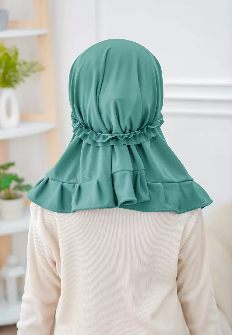 Cotton Bee - Ziva Ruffle Instan | Hijab Instan Anak | Kerudung Jilbab Bergo Tali Anak - Teal Turquoise - L