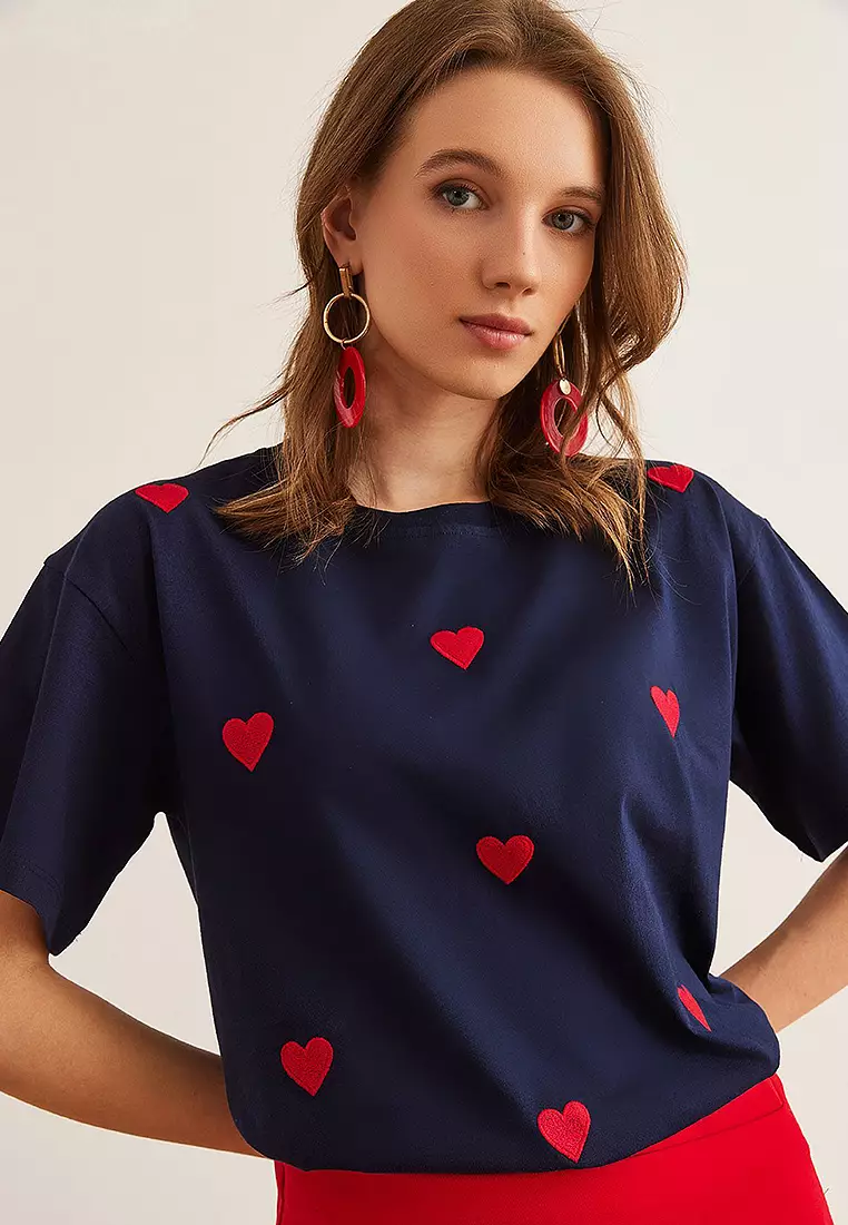 Heart Embroidered Cotton Regular Fit T-Shirt