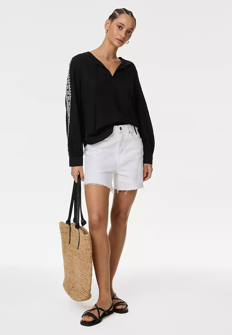 Linen Blend Embroidered Tie Neck Blouse