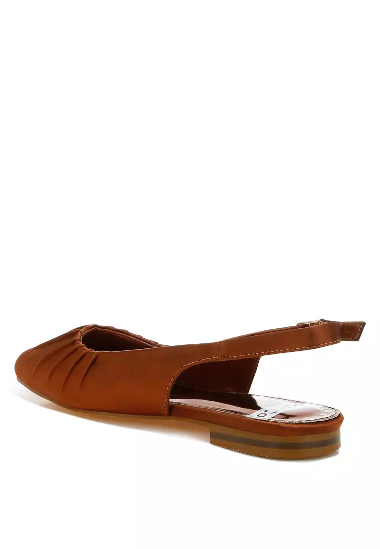 Satin Square Toe Flat Slingback in Brown