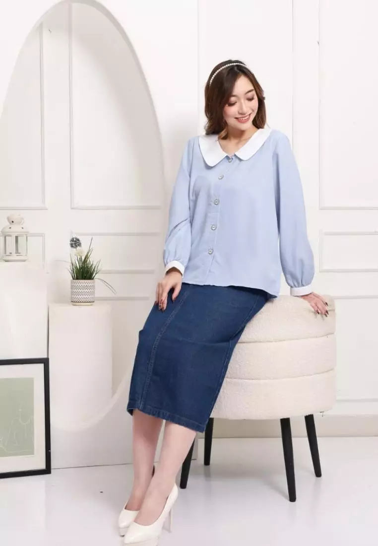 Luvici Long Shirt with Ribbon Button in Light Blue