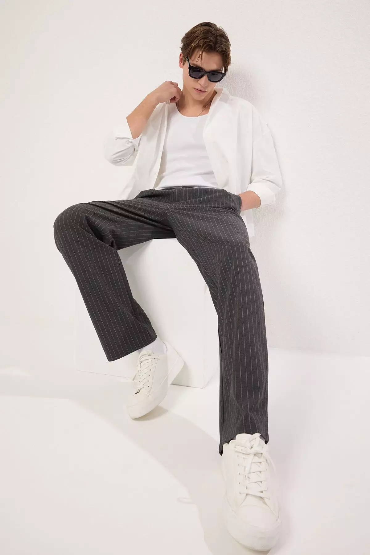 Anthracite Striped Pleated Classic Baggy Fit Fabric Trousers TMNSS24PL00024