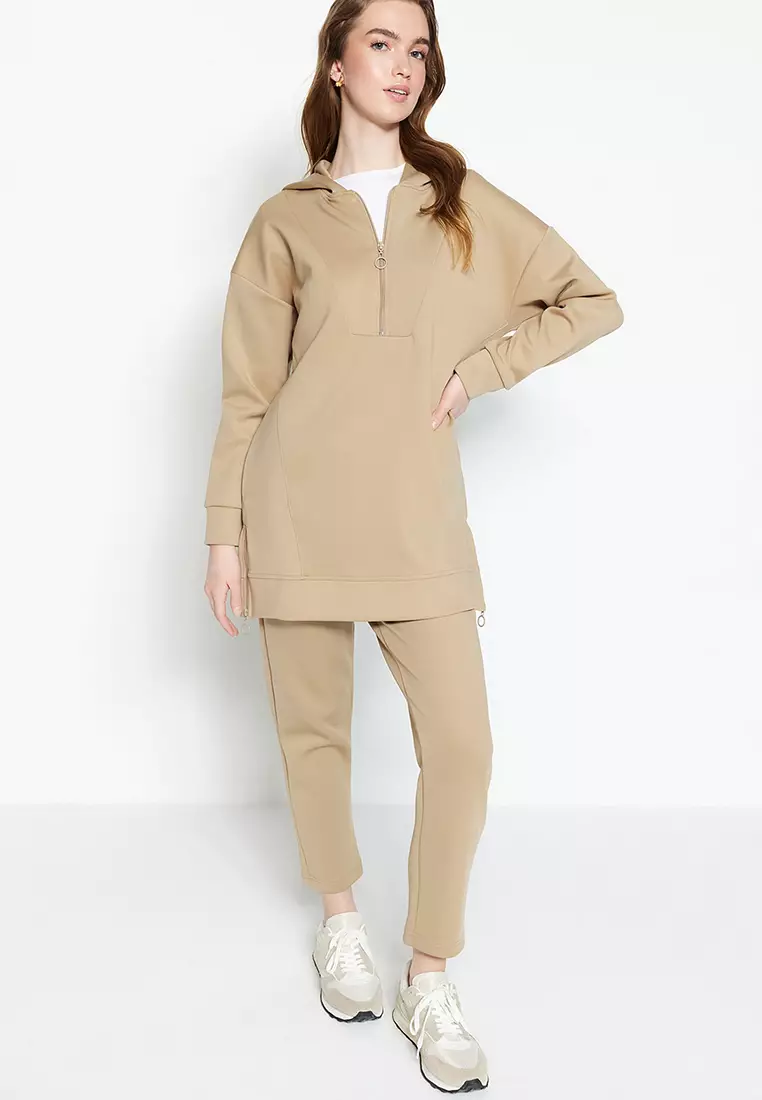 Buy Trendyol Cream Front Zipper Soft Textured Scuba Knitted