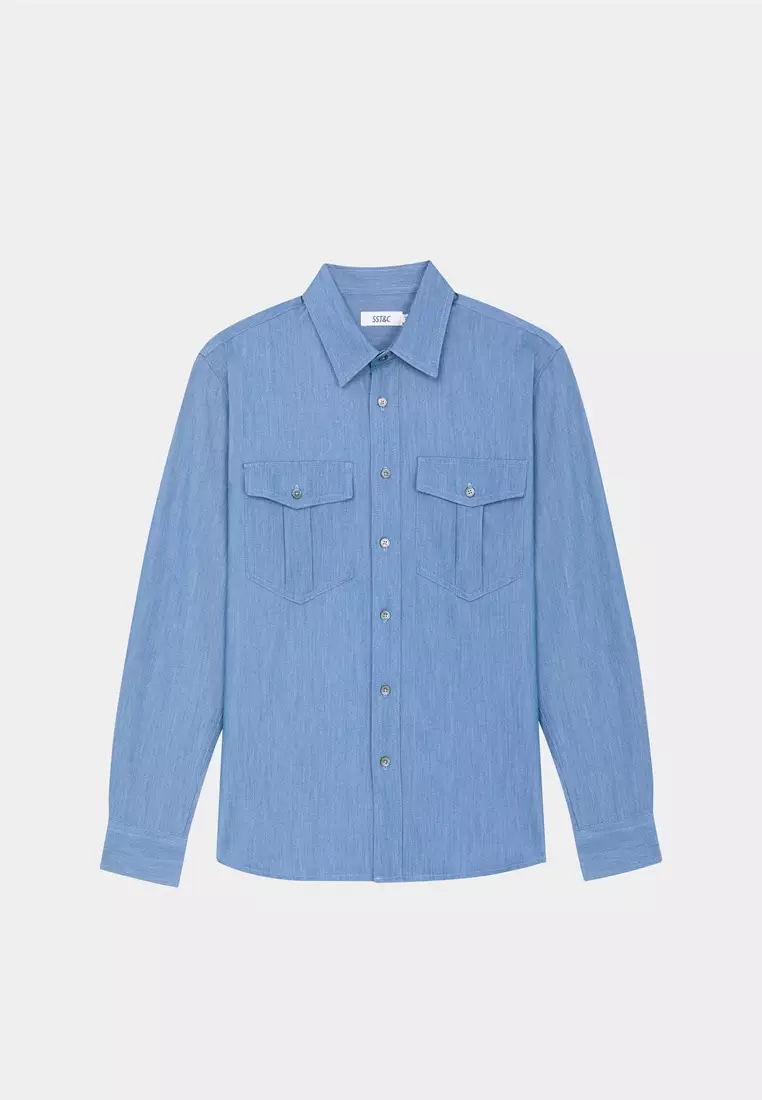 天藍色雙口袋休閒牛仔襯衫