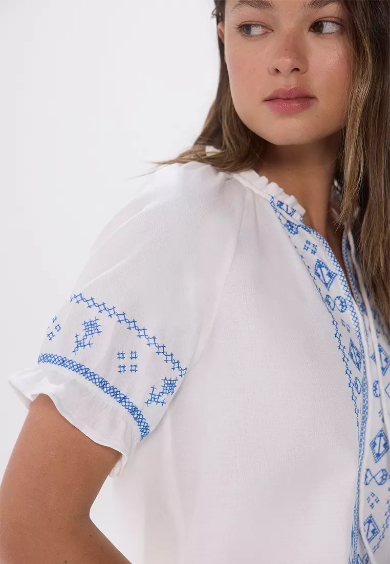 Blouse with Blue Ethnic Embroidery