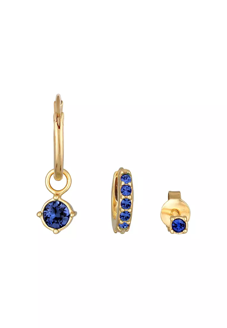 Earrings Set Creoles Stud Crystal Blue Gold Plated Embellished with Crystals by Swarovski®