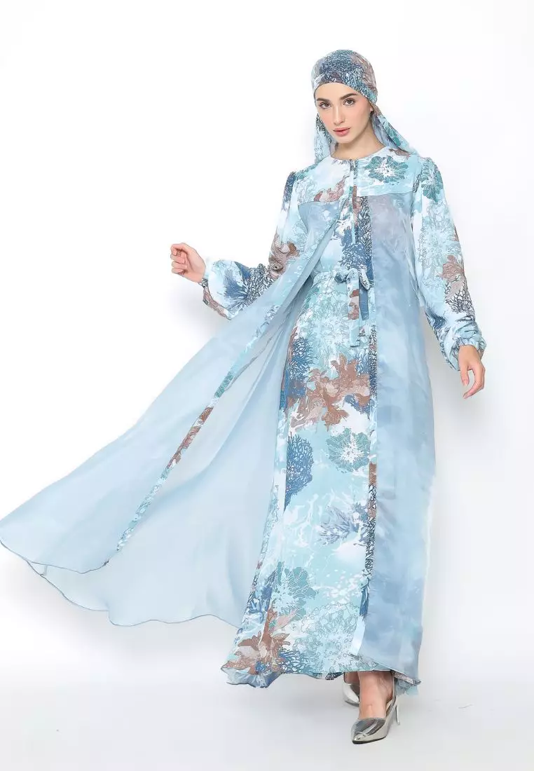 Rinjanie x Senorita  - Gamis Rosslen Biru Muda - Gamis Set Scarf Raya - Gamis Set - Gamis Printing Mix Organza - Dress Raya - Dress mix organza - GMKY - BR