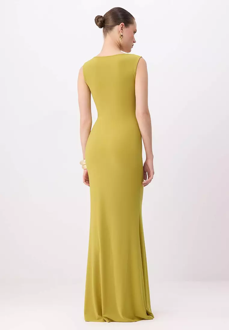 Oil Green Plain Straight Cut Accessory Detail Knitted Sandy Maxi Evening Dress & Graduation Dress