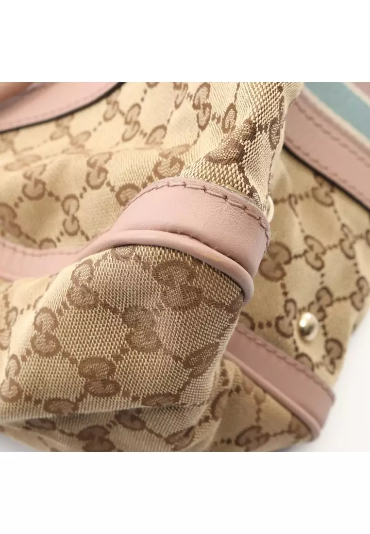 Pre-Loved Gucci webbing line GG canvas 2WAY Handbag mini boston bag canvas leather beige pink beige
