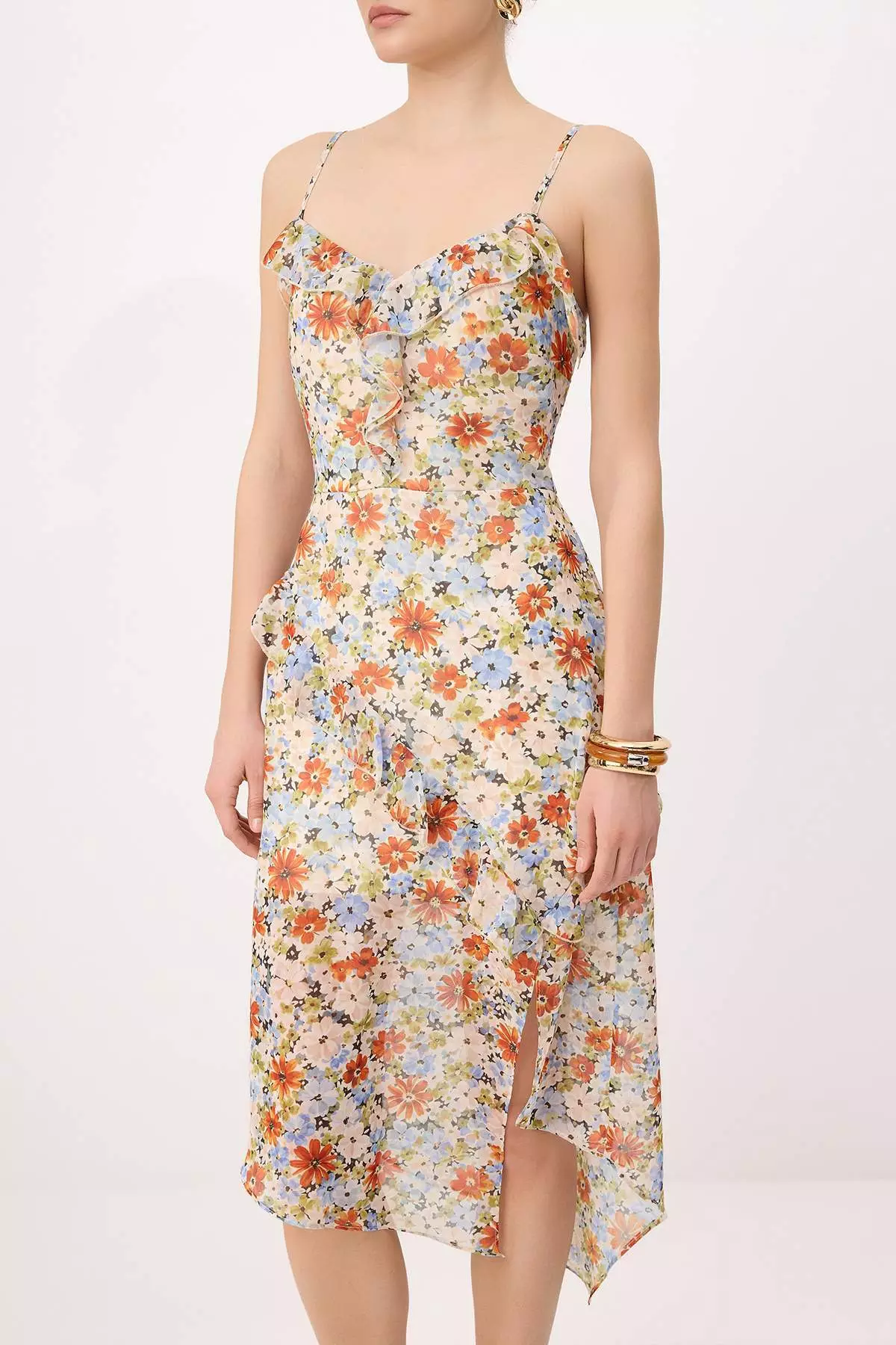 Multi-Colored Floral Frilly Chiffon Lined Midi Woven Dress Twoss26El322