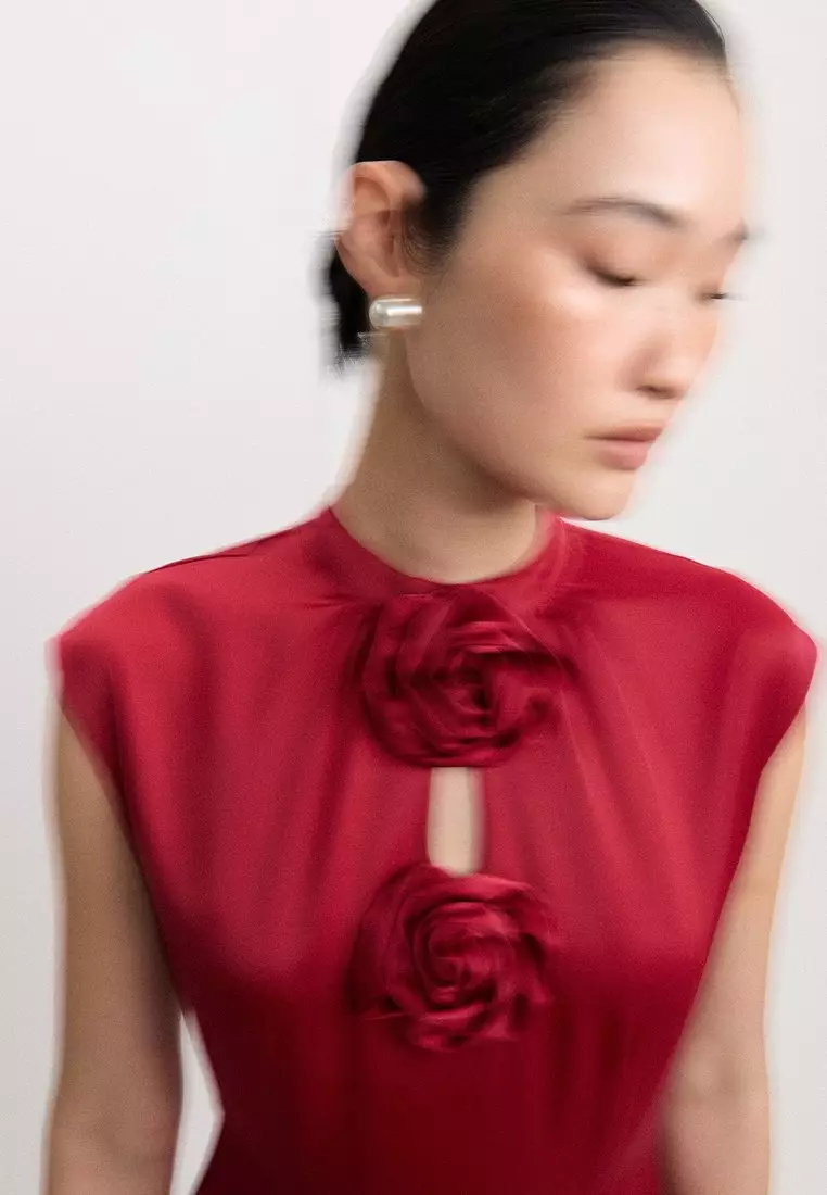 Rose Accent Maxi Dress - Red