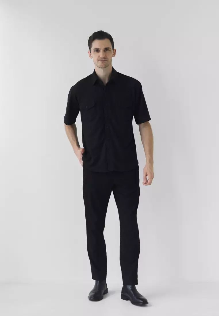 Cotton Well Lyon Waffle Shirt Black