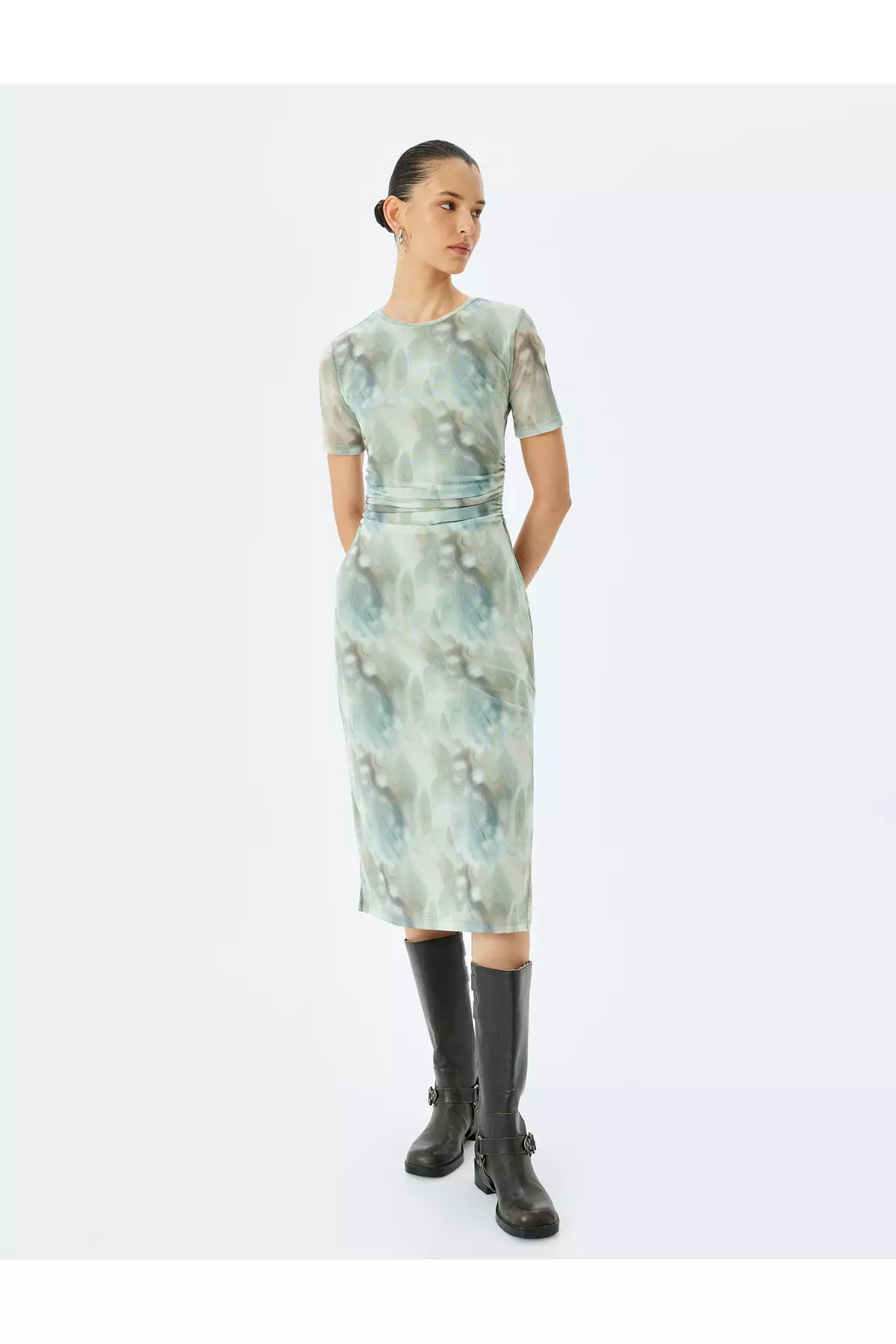 Abstract Print Draping Detail Short Sleeve Crew Neck Slim Midi Length Dress