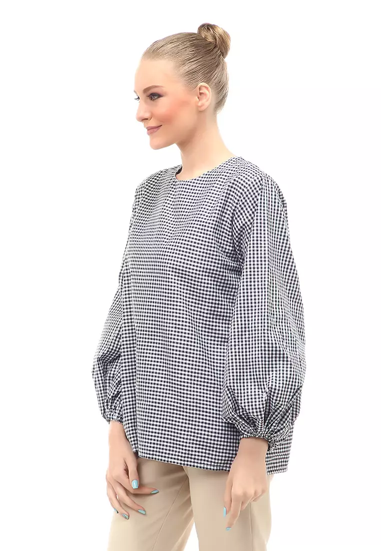 Blouse Lengan Puff Motif Kotak-Kotak Atasan Wanita Simple - Hitam Putih