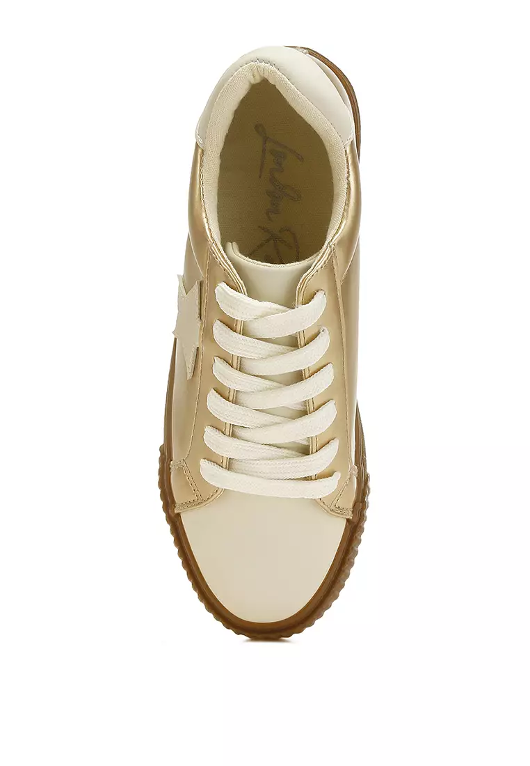 Metallic Faux Leather Star Sneakers in Gold