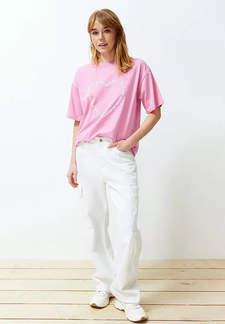 Pink Heart Motto Printed Oversize/Casual Fit Knitted T-Shirt