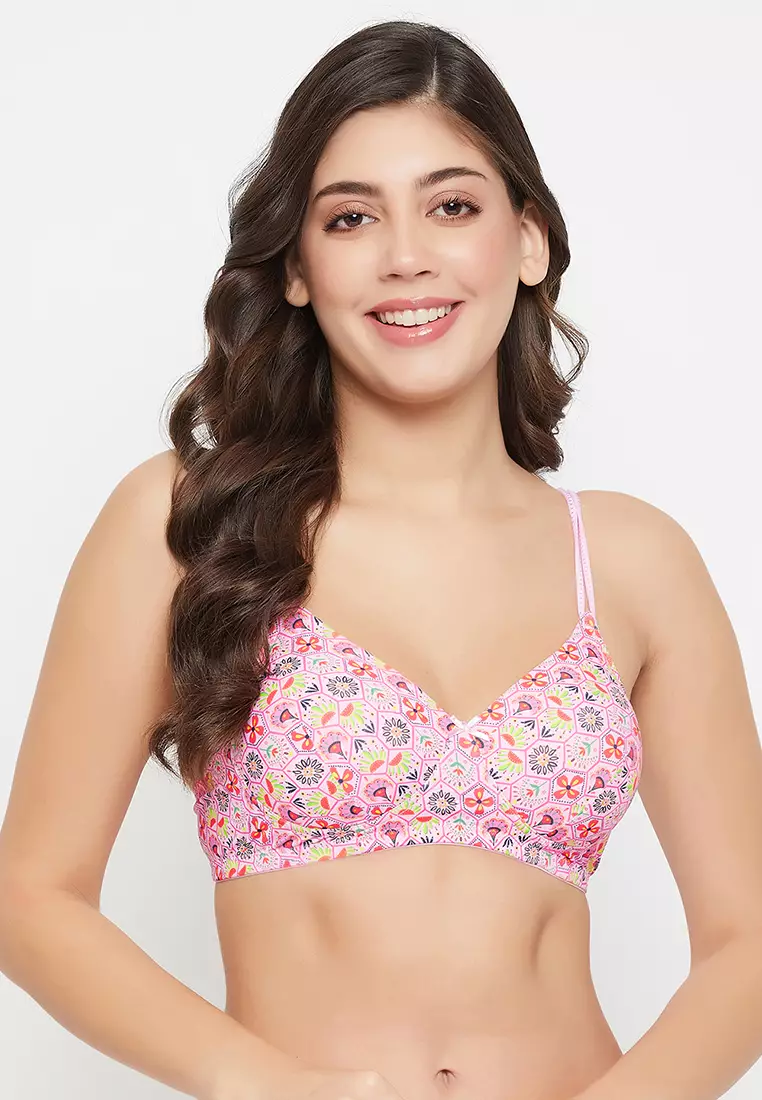 Buy Clovia Padded Non-Wired Floral Print T-shirt Bra in Pink