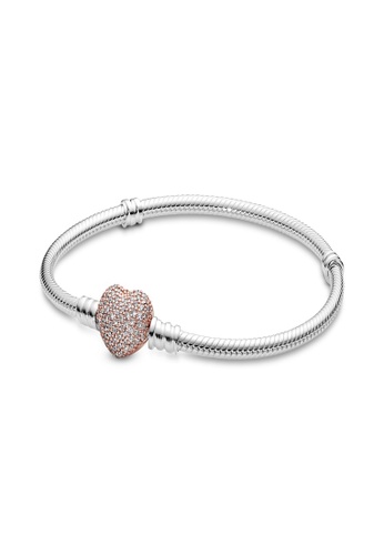 PANDORA pink and silver and gold Pandora Moments 14k Rose Gold-Plated Pavé Heart Clasp Snake Chain Bracelet BC692AC06A5D19GS_1
