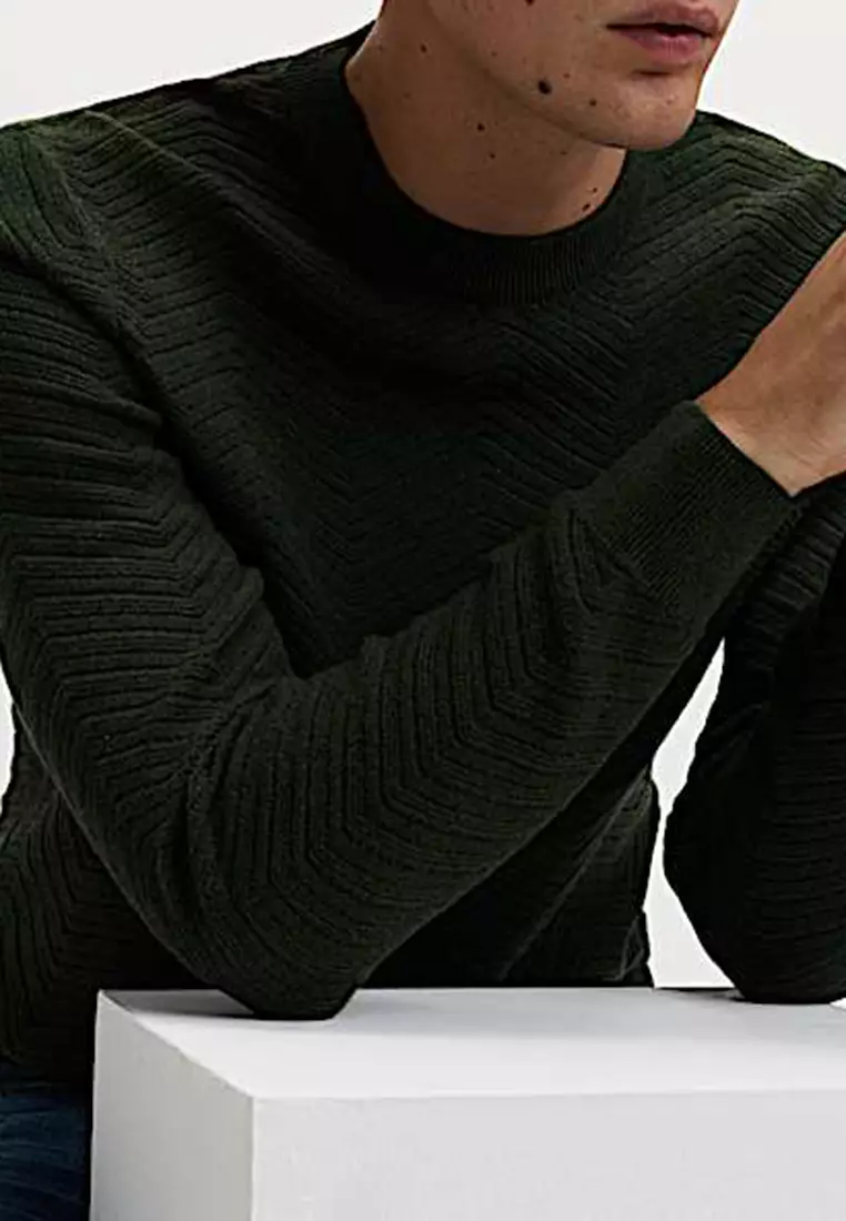 Cotton Blend Herringbone Crew neck Jumper