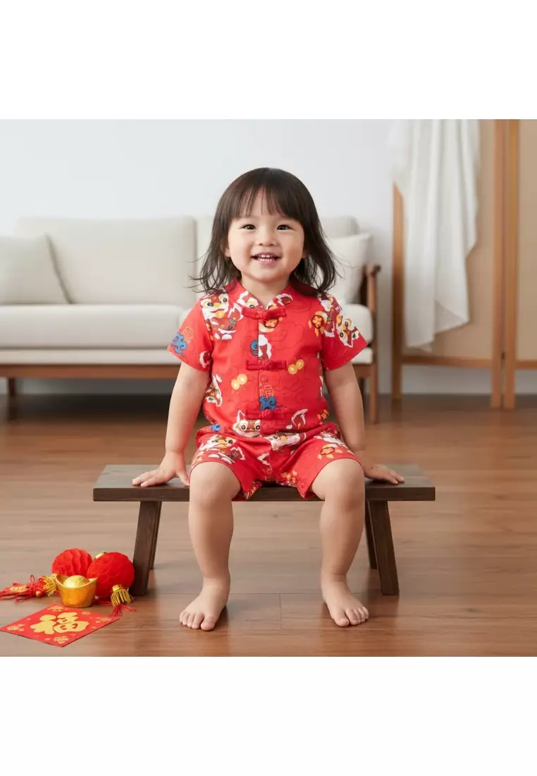 現貨 農曆新年紅色醒獅嬰兒男童唐装連身衣 新加坡外出服