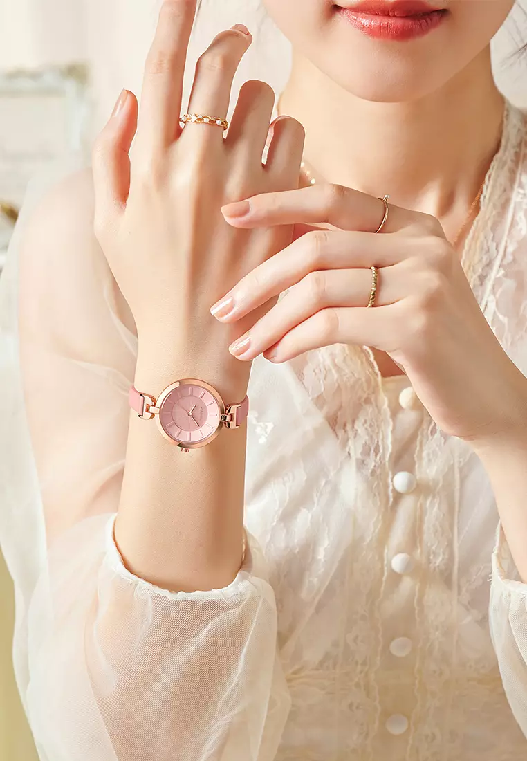 Jam Tangan Wanita Anggun Gaya Tali Kulit Anti Air Kuarsa Jam Tangan Cowok warna merah muda