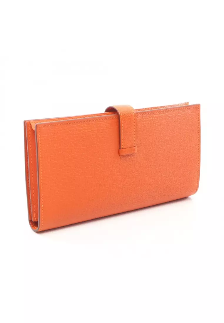 Pre-Loved Hermès bear souffle orange poppy Bi-fold Long Wallet Chevre orange silver hardware X stamp