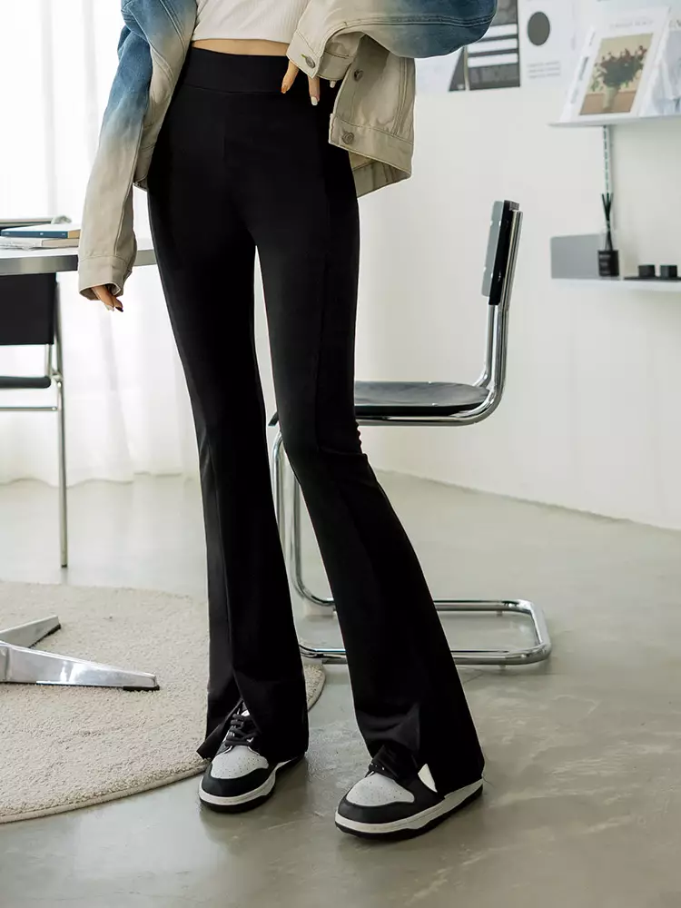 High-waisted slit flare black pants [BA7560]