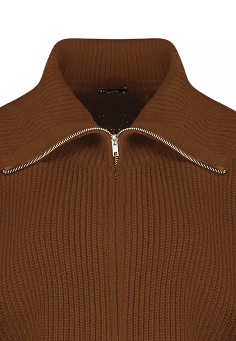 Light Brown Wide Fit Turn Down Collar Zipper Knitwear Cardigan