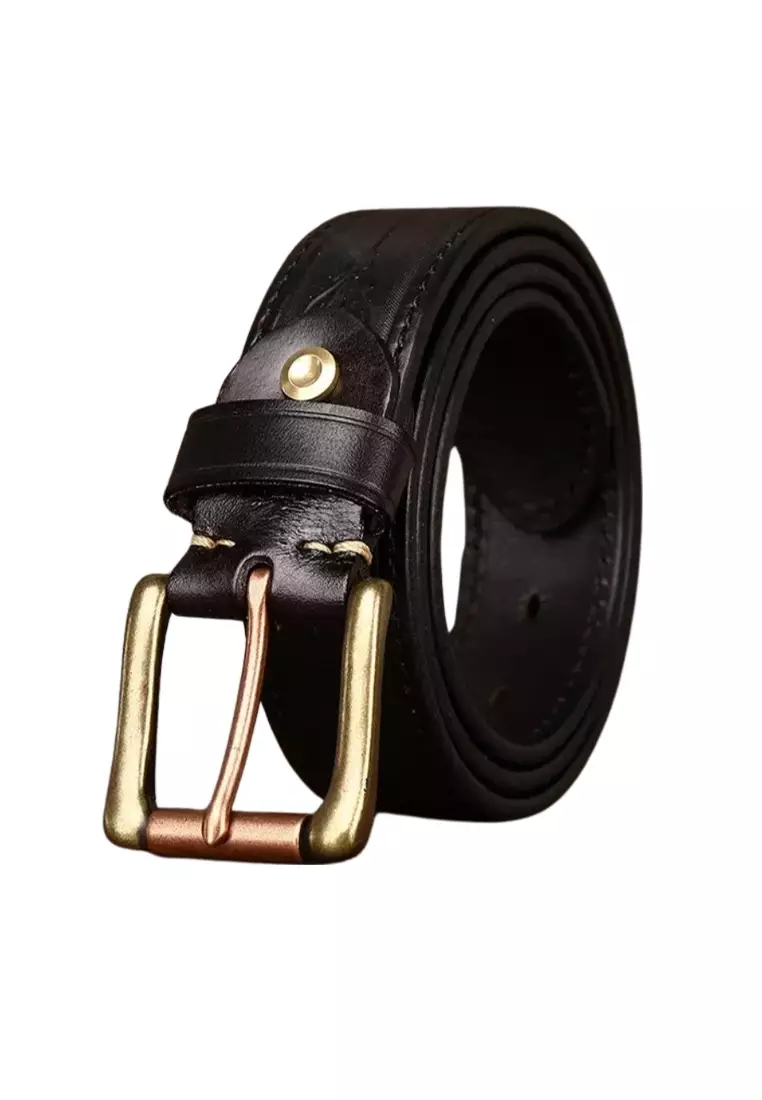 Embossed leather belt with copper buckle available on both sides