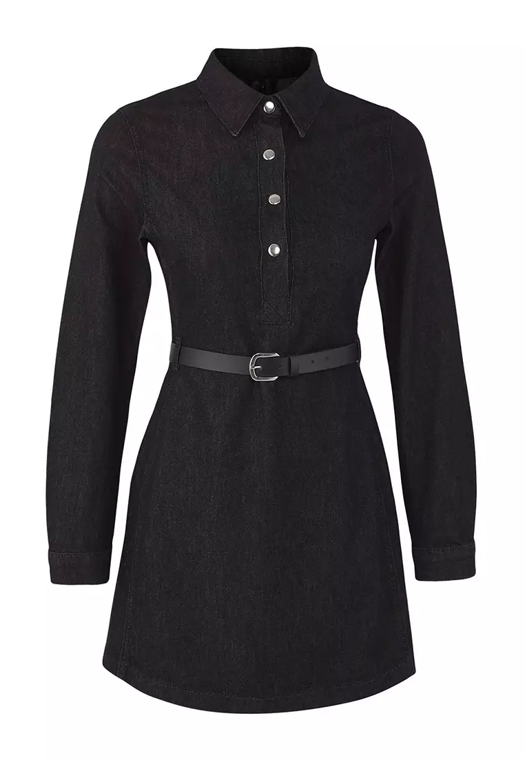 Black Shirt Collar Belted Long Sleeve Mini Denim Dress Twoaw26El00050
