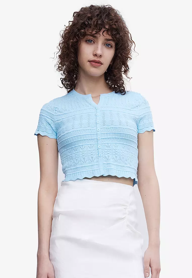 Buy Urban Revivo Plain Pointelle Button Front Knitted Top Online