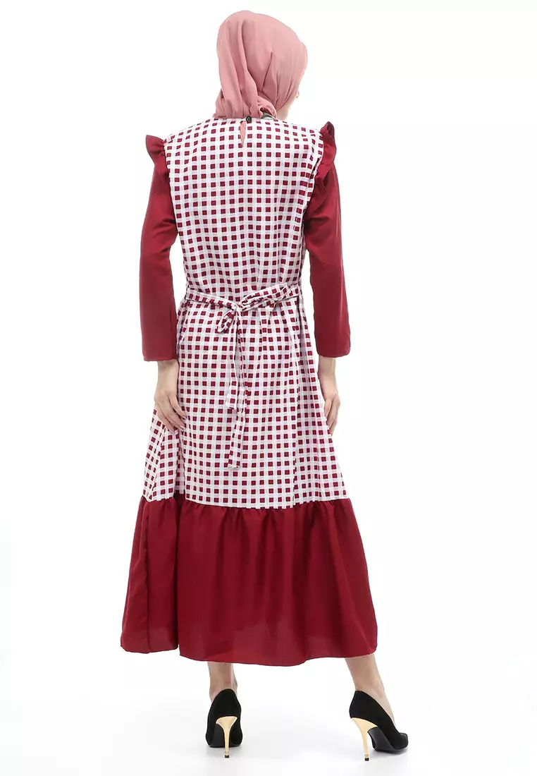 Ghina Gamis Tartan Muslimah Long Casual Wanita Regular Fit - Maroon
