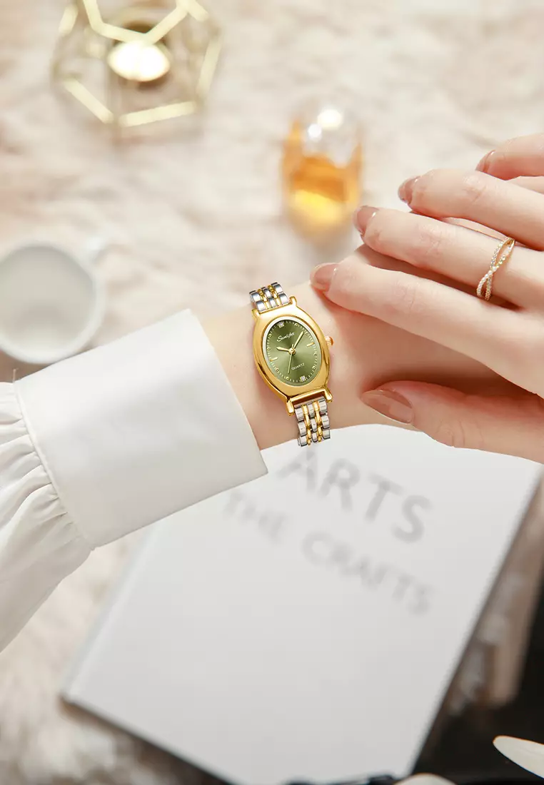 Jam Tangan Wanita Original Oval Korea Elegan Vintage Kuarsa Tali Alloy Jam Tangan CewekA008 gold green