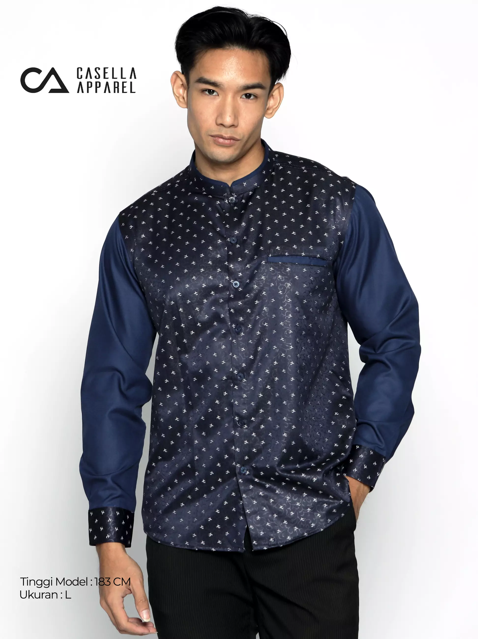 Casella Baju Koko Pria Lengan Panjang Kombinasi Batik Jeddah Design 9925 Navy