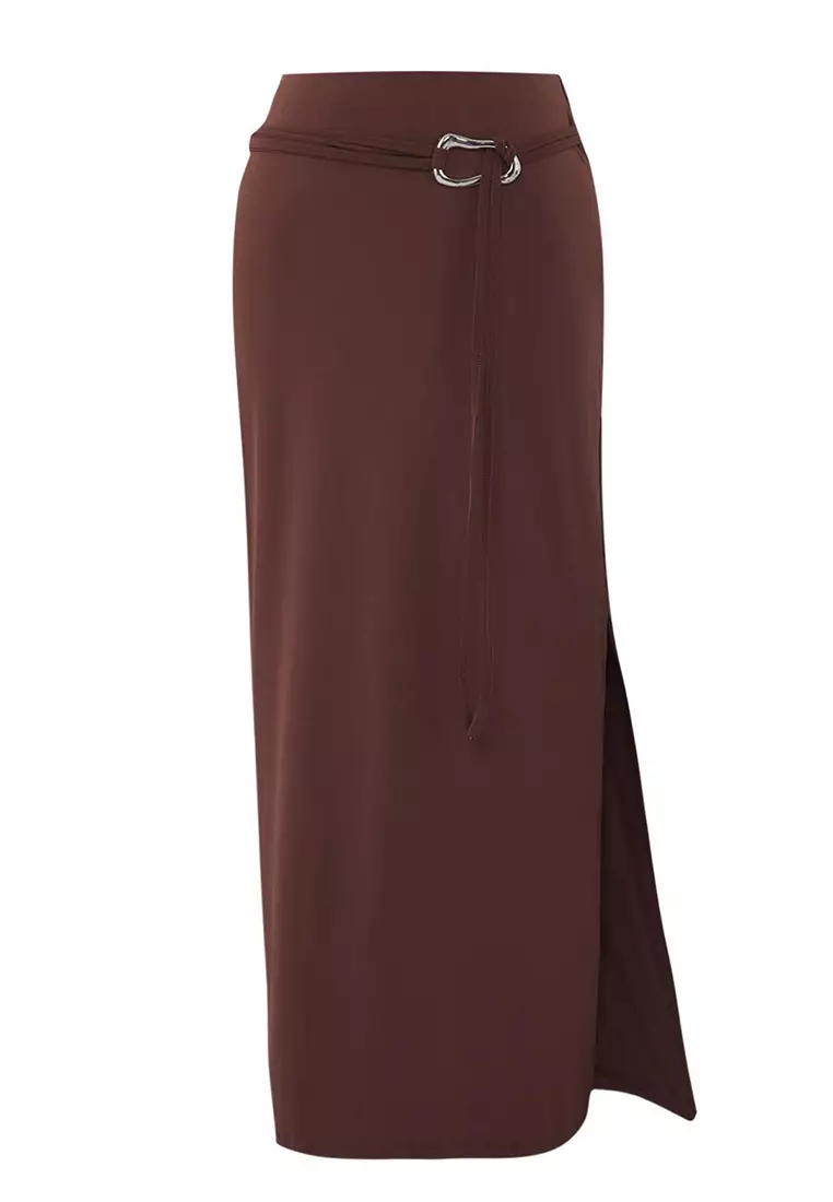 Brown Belt Detailed Slit Maxi Knitted Skirt Twoss25Et00215