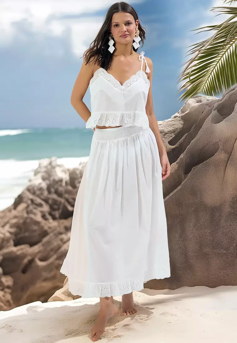 Ecru Woven Embroidery Detailed 100% Cotton Blouse Skirt Beach Set TBESS25AU00042