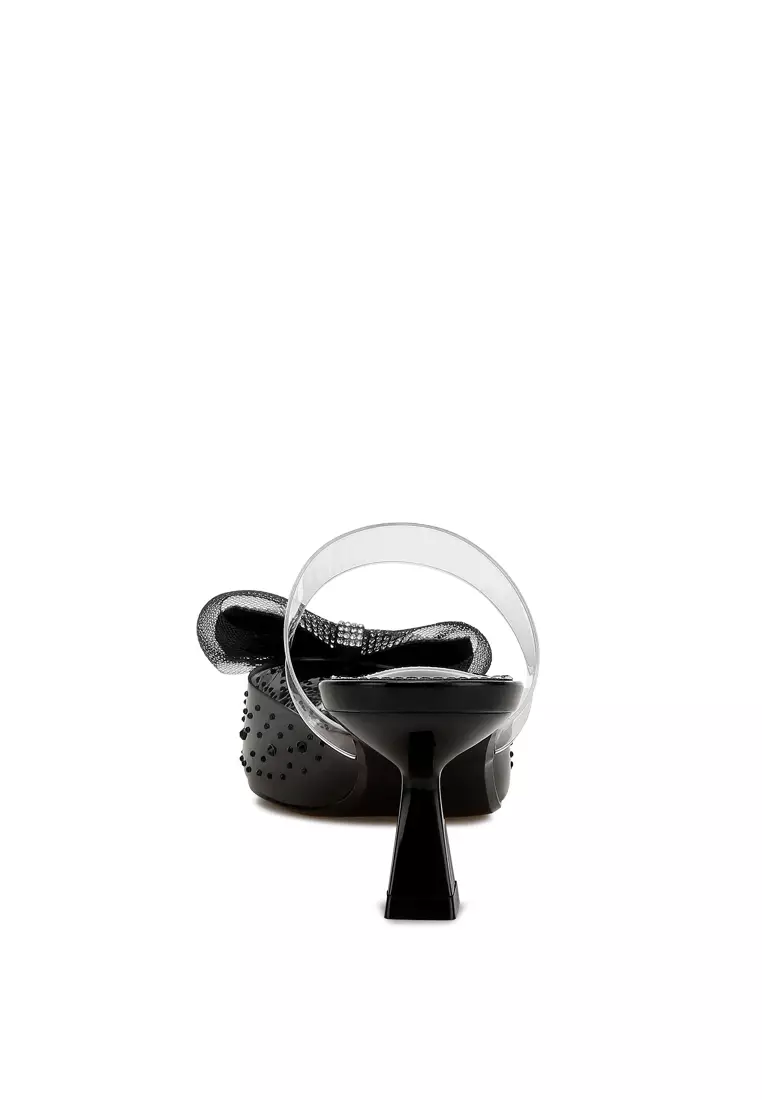 Sepatu Hak Kucing Busur Berhias Warna Hitam