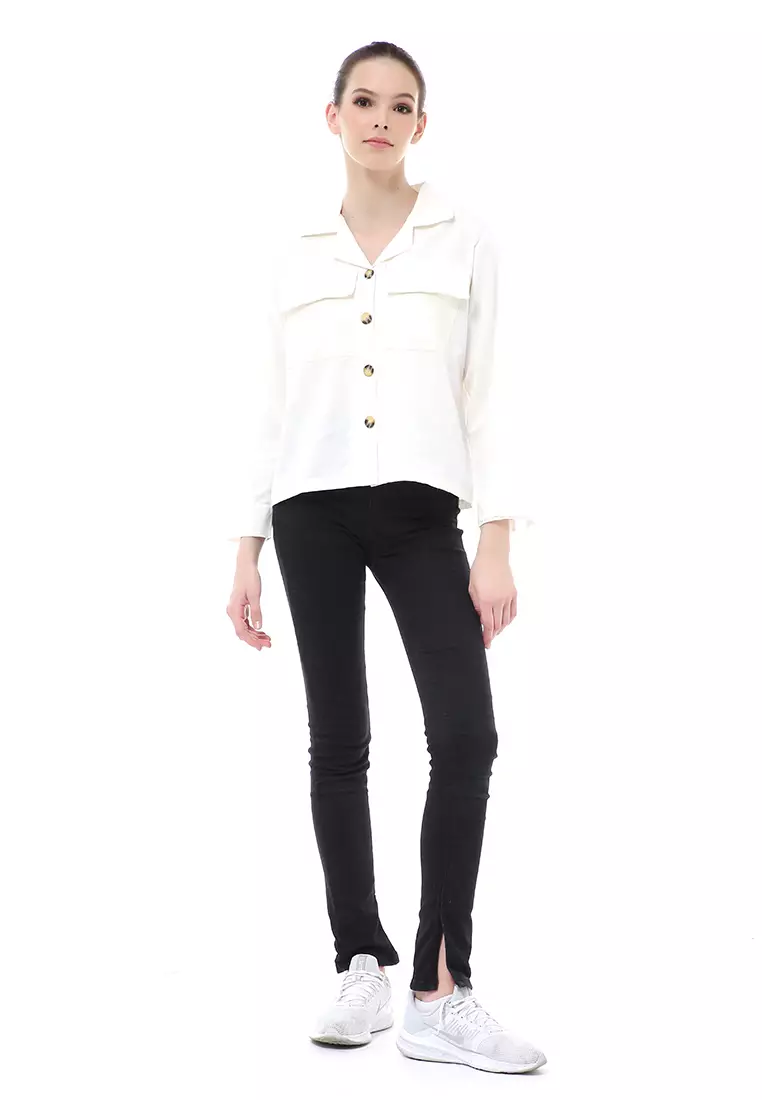 Brielle Atasan Wanita Kemeja Pocket Plain Motive Lengan Panjang Material Linen ORIGINAL - White