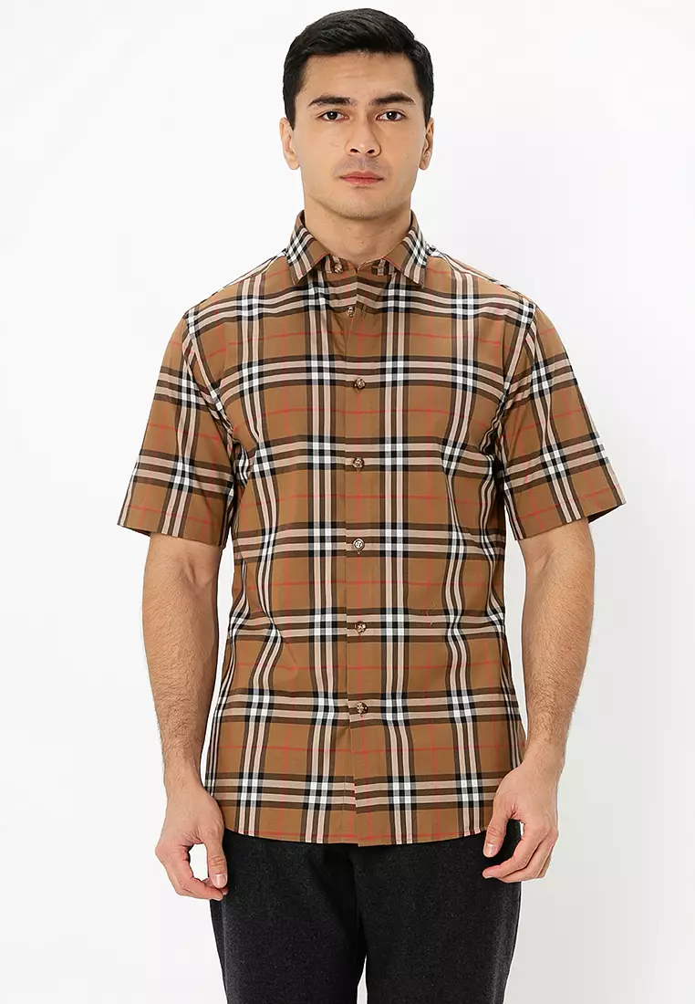 トップス Burberry shirt short sleeve Burberry Check Short-Sleeve Crop Button-Down Shirt | Neiman Marcus