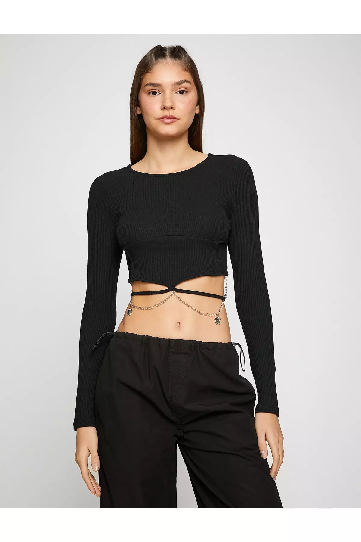 Long Sleeve Crop Top with Chain Detail