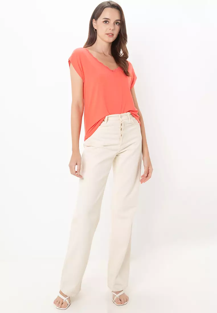 Moster Short Sleeve Lace V-Neck Top