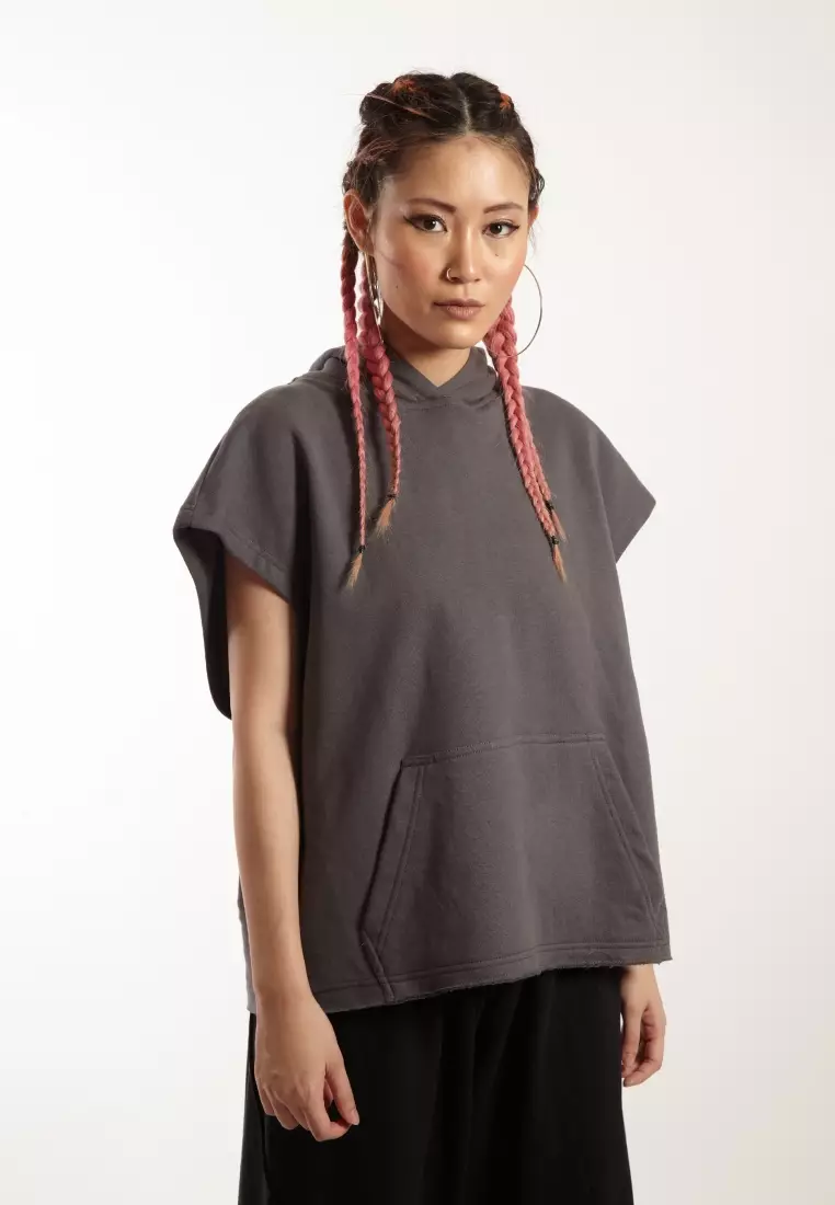 VEDECI X OCWA CONNOR BOXY CROP SLEEVELESS HOODIE ASH GREY