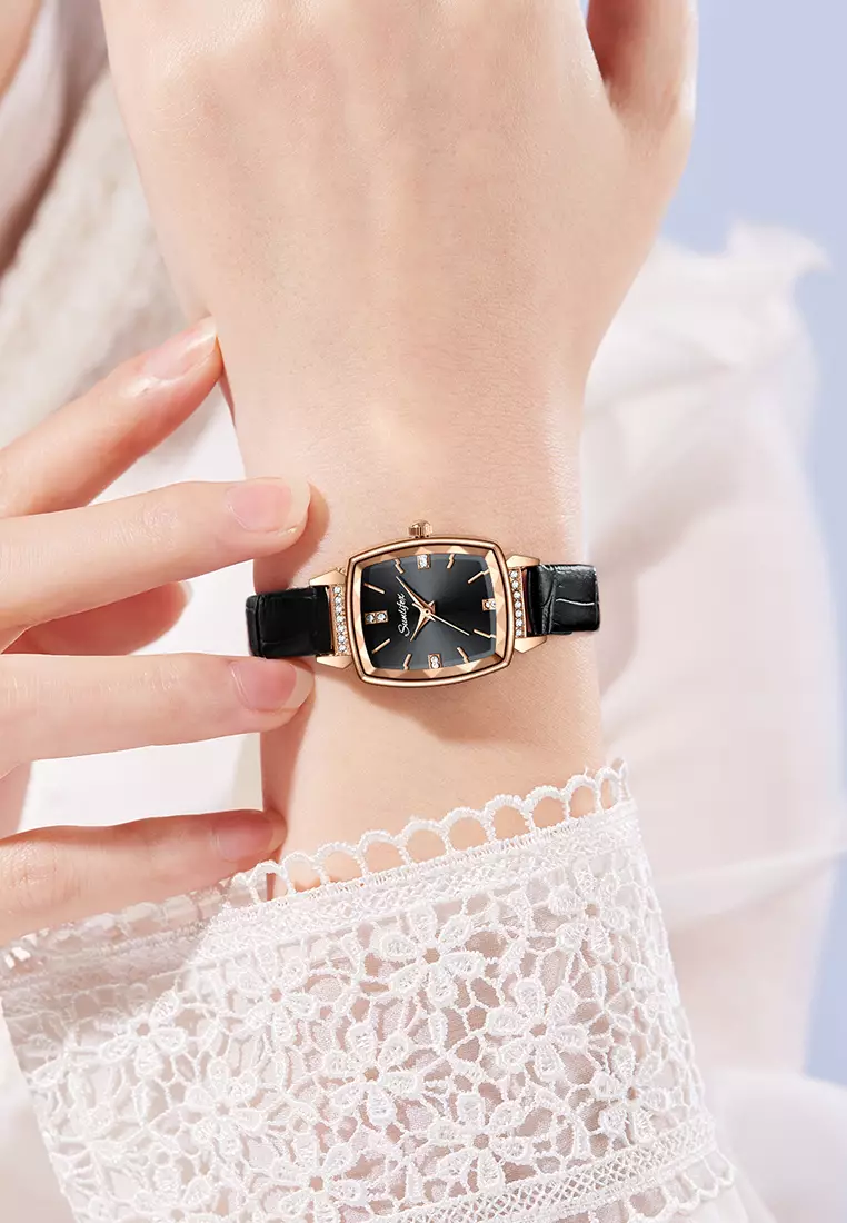 Jam Tangan Wanita 8006 Kuarsa Wanita Tali Kulit Berlian Jam Tangan Cewek Original black