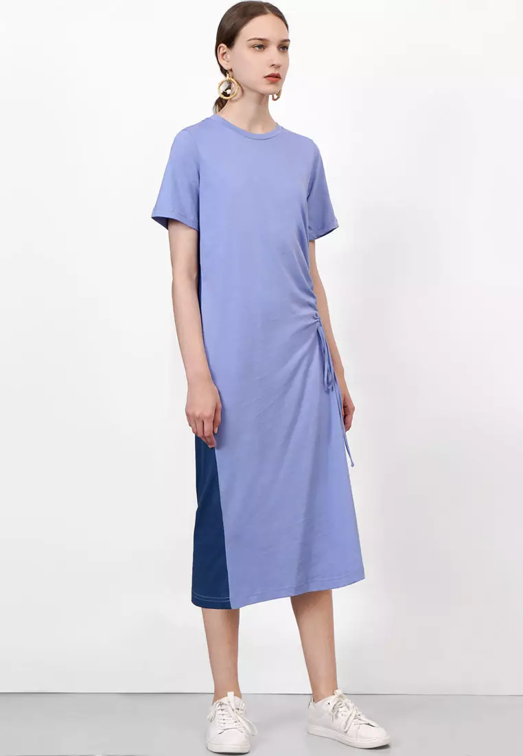 Ruched Gathered Midi Dress With Contrast Panel