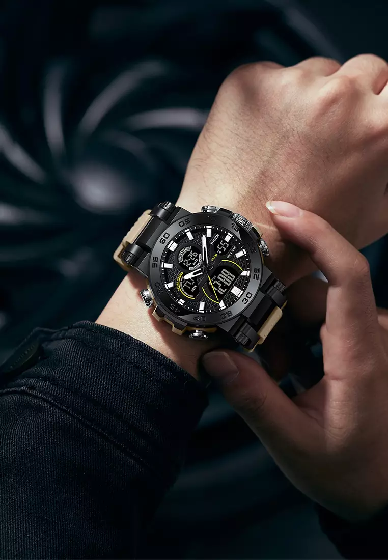 Jam Tangan Pria Original Analog & Digital Multifungsi Olahraga Tali Silikon Anti Air Jam Tangan Cowok Khaki