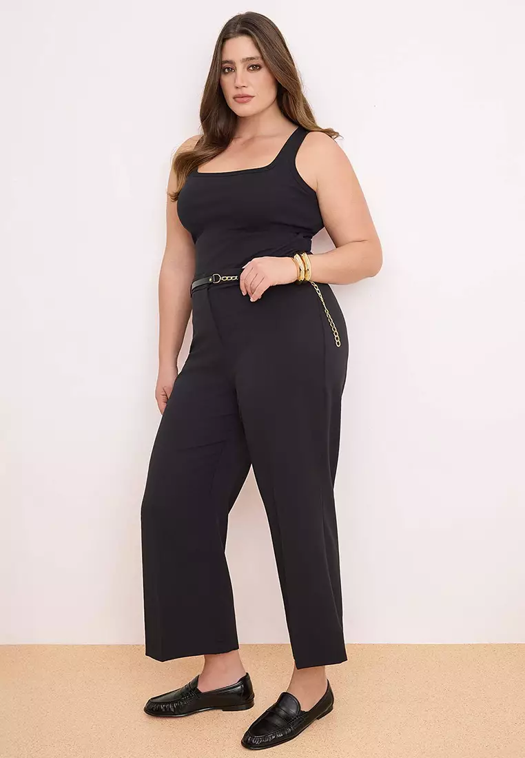 Black High Waist Pipe Leg Accessory Detailed Plus Size Woven Trousers Tbbss26Ar00015