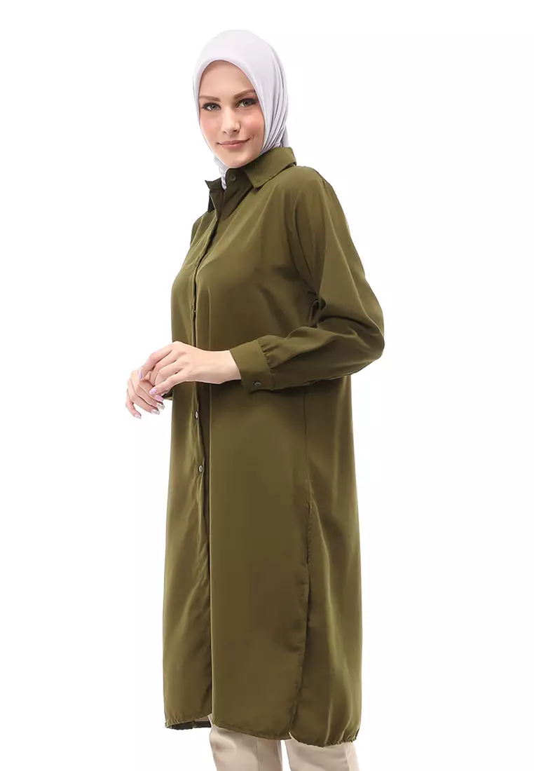 Septiyani Tunik Atasan Wanita Motif Polos Long Sleeve Regular Fit - Army
